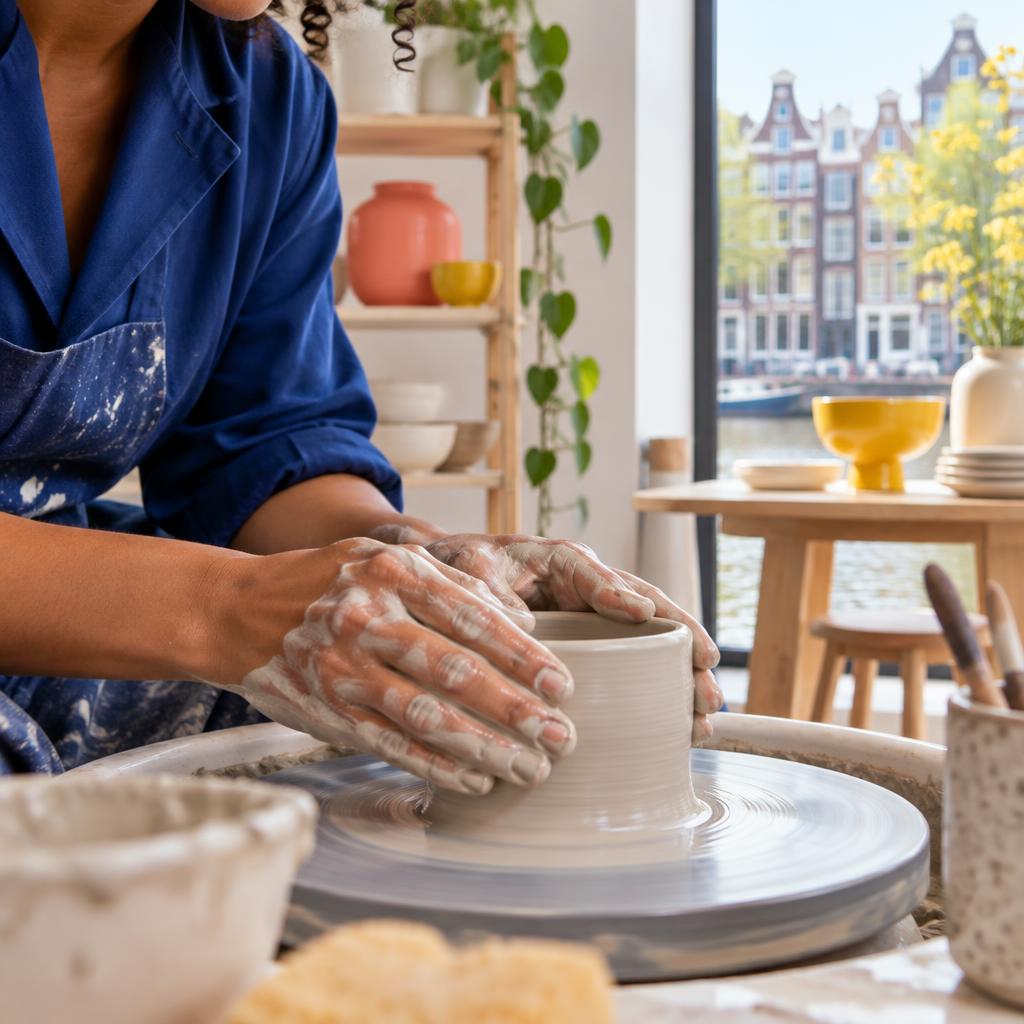 Hands shaping clay on a pottery wheel