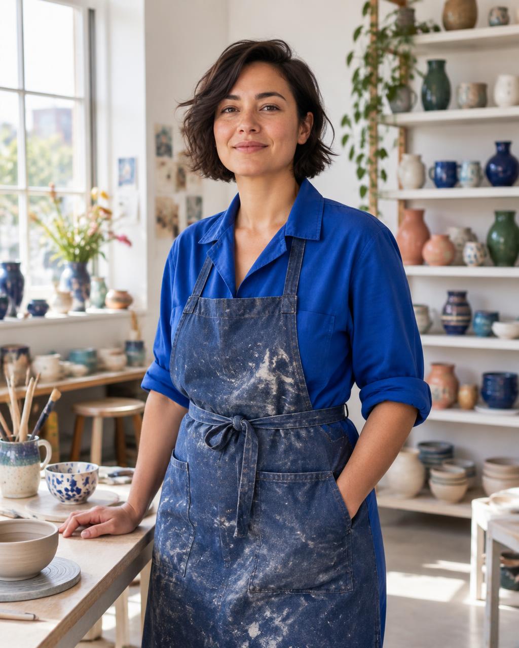 A creative studio owner in her pottery workspace